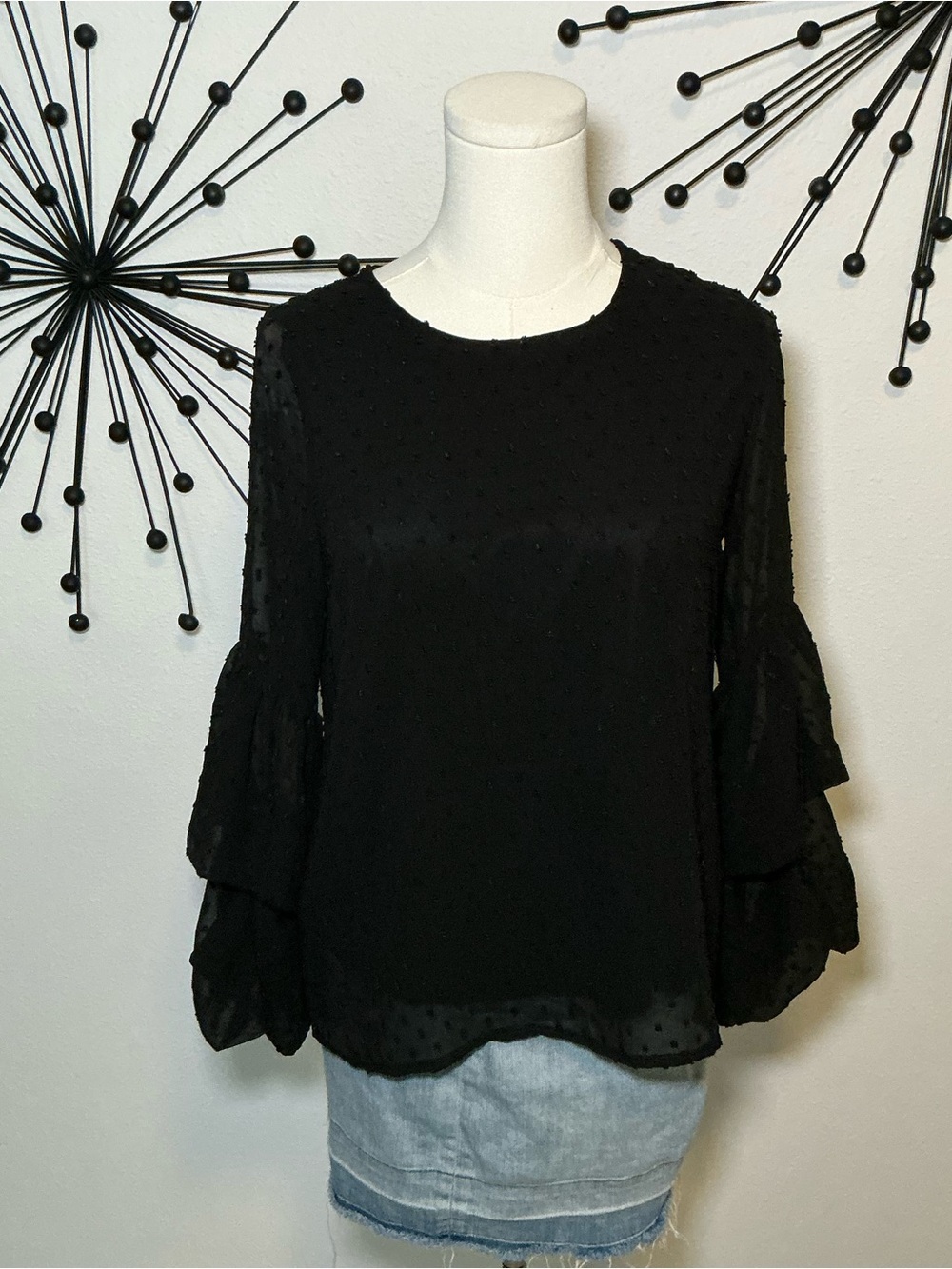 Hudson Gray Black Swiss Dot Sheer Bell Sleeve Blouse Size Small